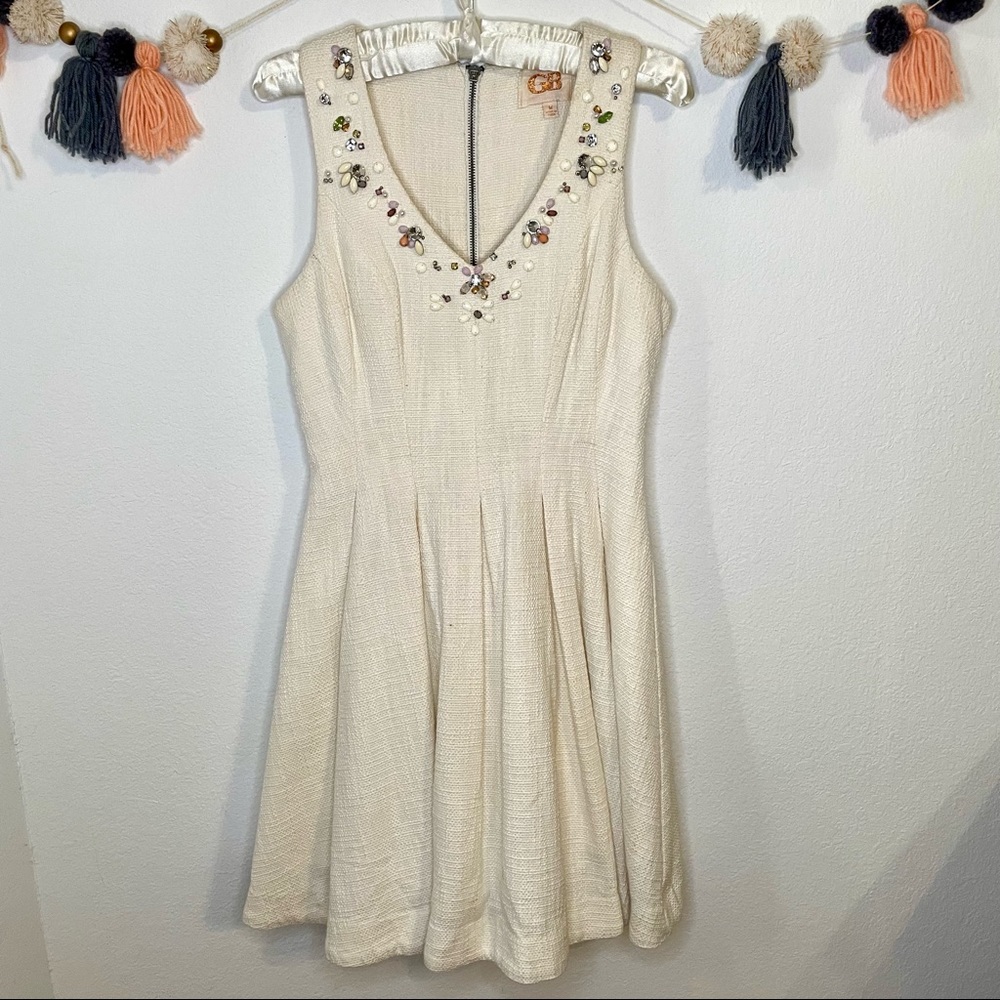 Gianni Bini Tweed Jeweled Fit & Flare Ivory Cream Dress Size Medium